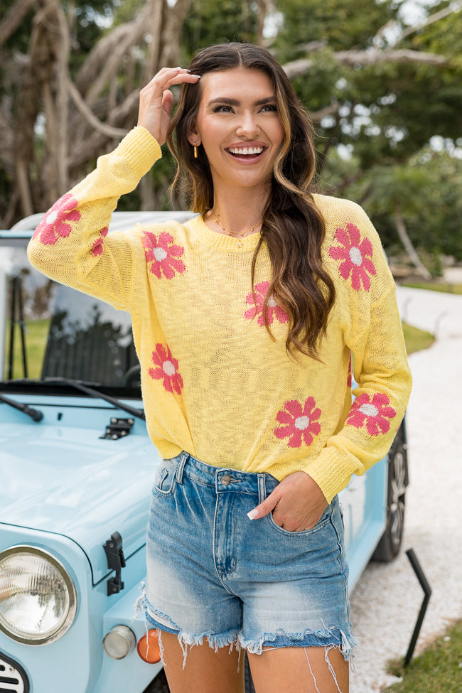 Oops-A-Daisy Yellow and Pink Daisy Print Sweater