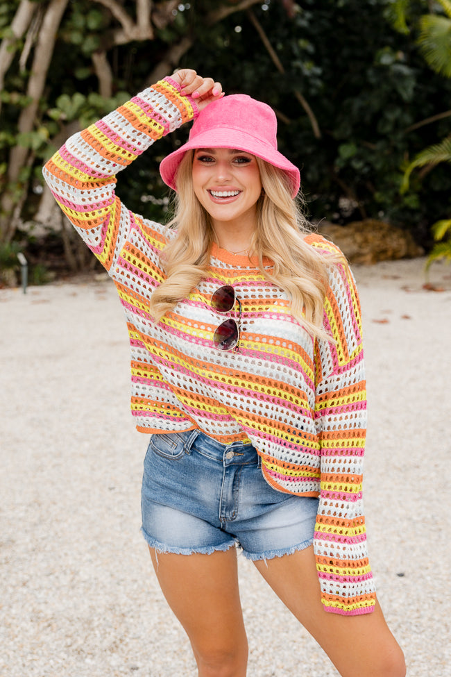 Chasing Rainbows Pink Multicolor Crochet Sweater