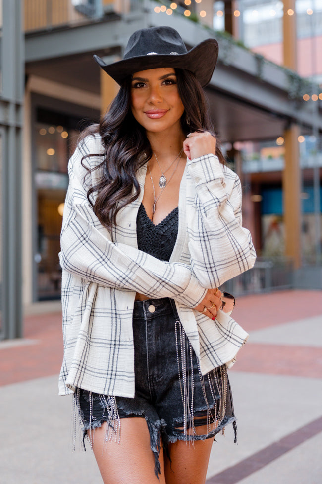 Keeping You Wild Ivory and Black Plaid Gauze Button Up Shirt
