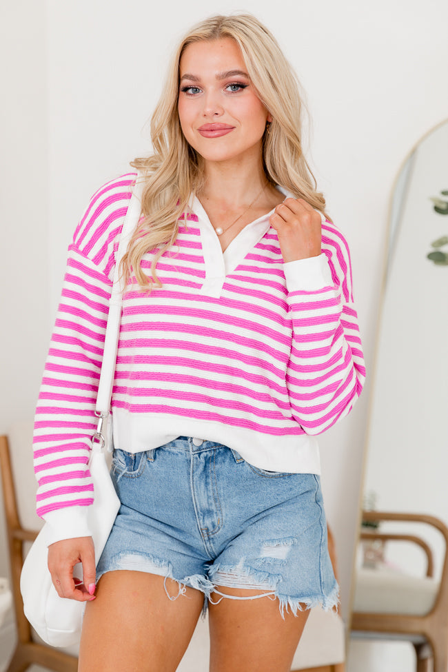 Line Up Pink Striped Collared Sweater