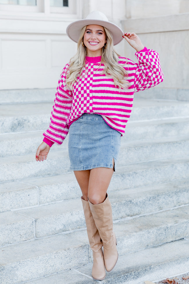 Somewhere In Time Pink Striped And Checkered Sweater