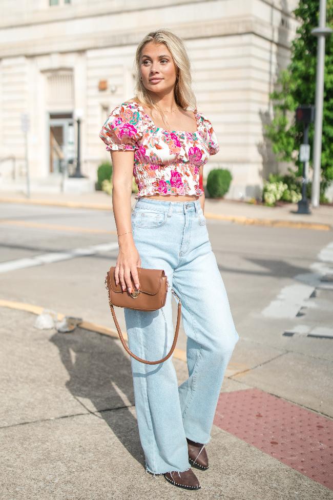 Makes Me Wonder Pink Multi Short Sleeve Smocked Waist Floral Top FINAL SALE