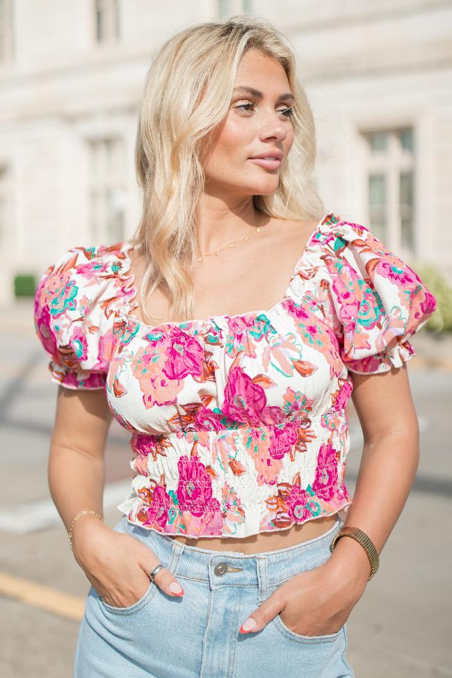 Makes Me Wonder Pink Multi Short Sleeve Smocked Waist Floral Top FINAL SALE