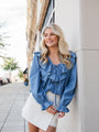 Feel This Way Medium Wash Ruffle Detail Chambray Blouse