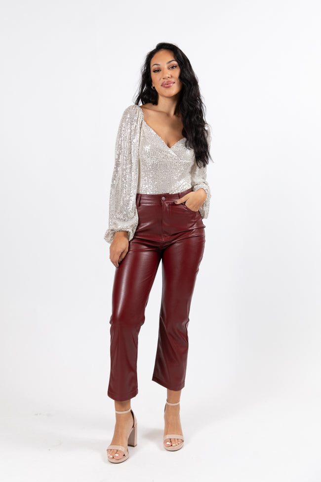 Delaware Nights Burgundy Wide Leg Faux Leather Pants Amber Massey X Pink Lily