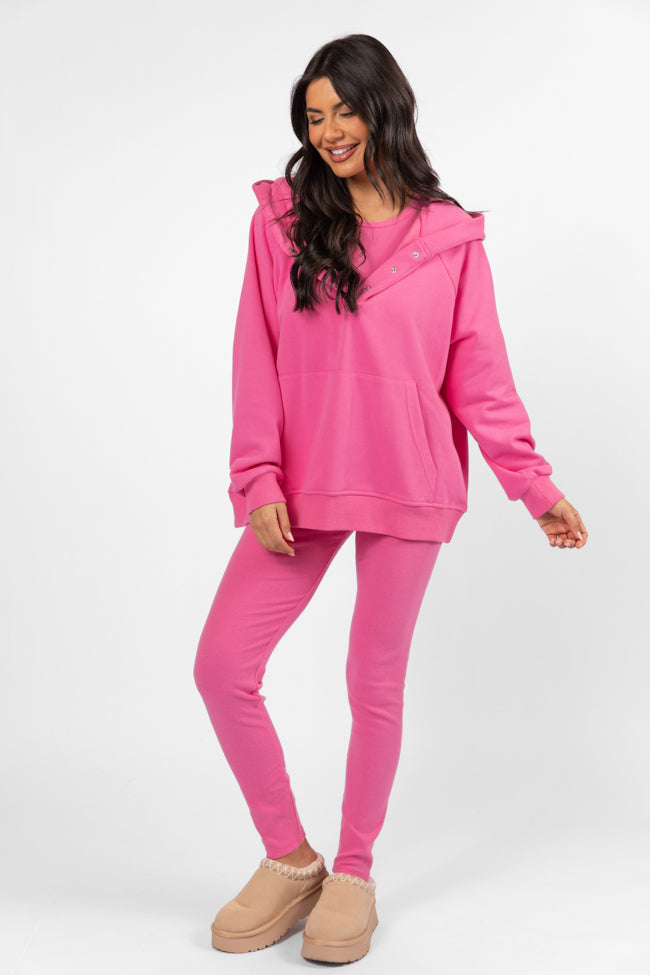 Outta Sight Pink Button Detail Hooded Pullover