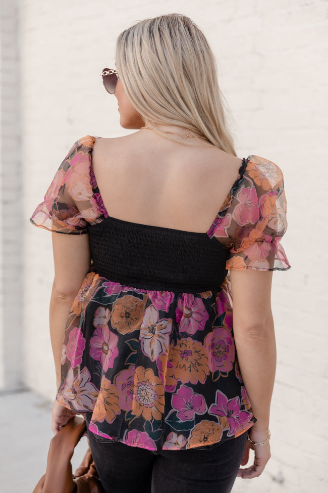 Something Beautiful Black Floral Print Tulle Blouse