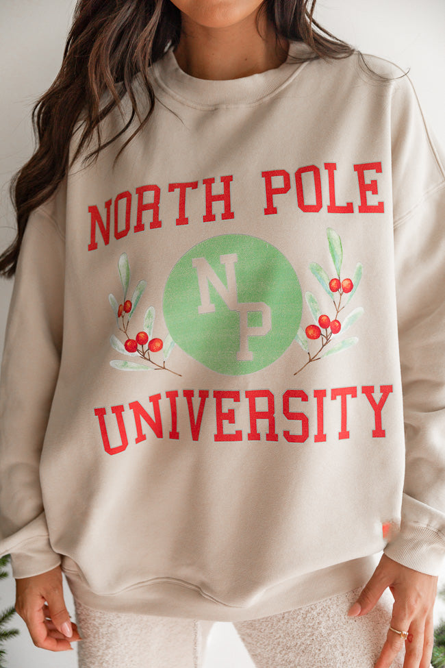 North Pole University Light Tan Oversized Graphic Sweatshirt