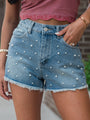 Show Stopping Medium Wash Pearl Detail Shorts