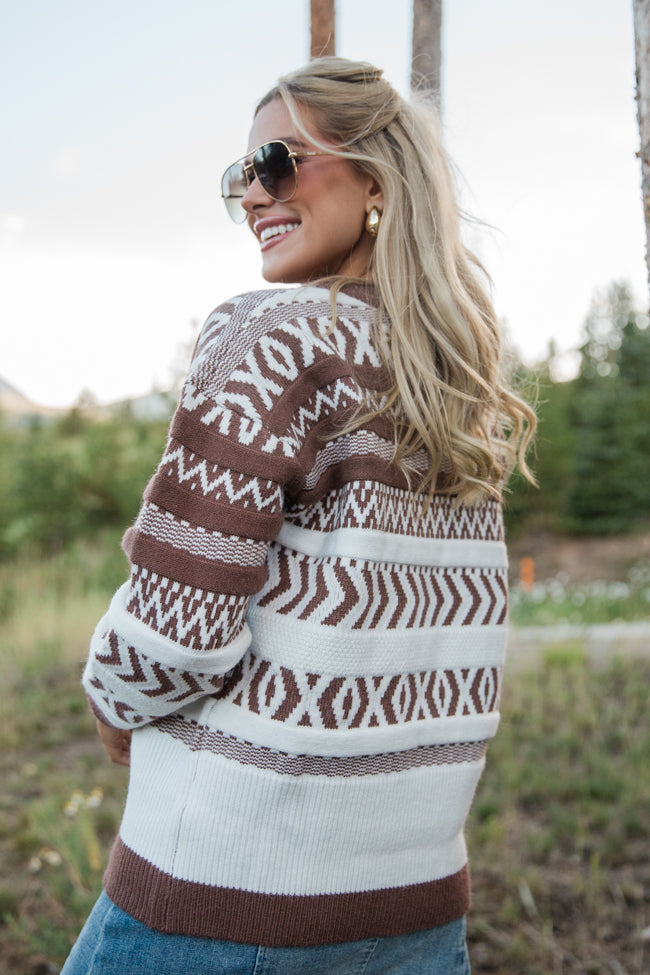 Extended Stay Brown Printed Crew Neck Sweater