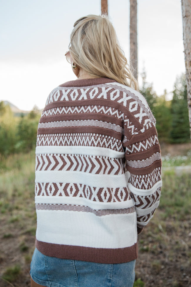 Extended Stay Brown Printed Crew Neck Sweater