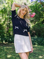 Just A Girl Black Bow Applique Short Sleeve Sweater FINAL SALE