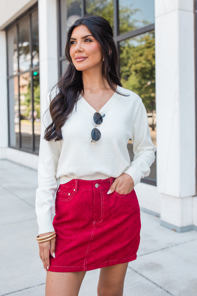 All You've Got Red Bow Embroidered Pocket Corduroy Skirt