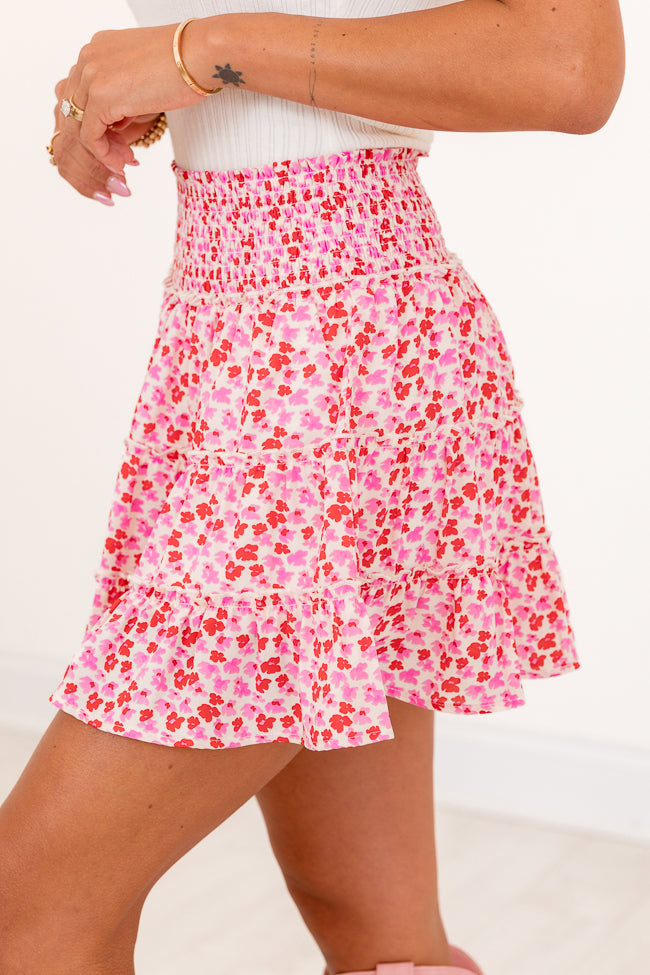 Through The Garden Ivory Pink And Red Floral Mini Skort