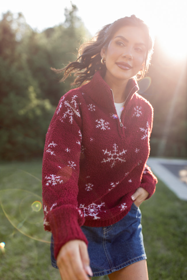 Wish We Were Burgundy Fuzzy Quarter Zip Pullover