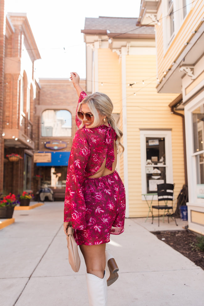 Give Me The Rundown Red Backless Mock Neck Printed Romper