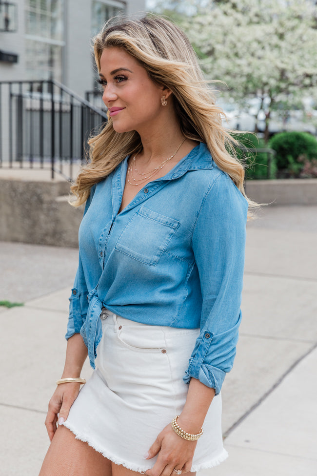 Simplify Life Medium Tie Front Chambray Blouse