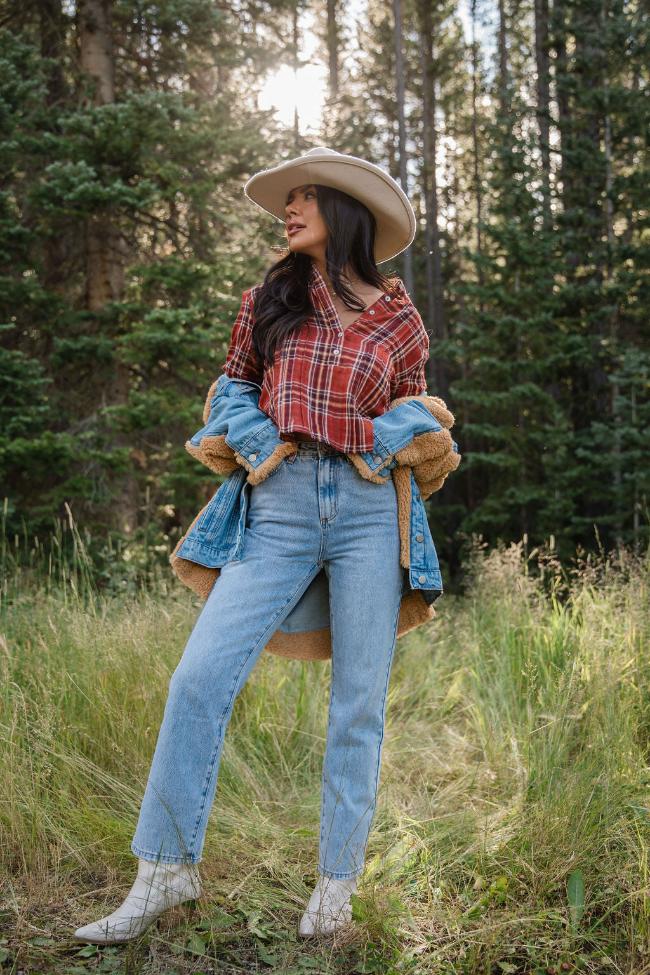 Most Wanted Rust Plaid Woven Blouse