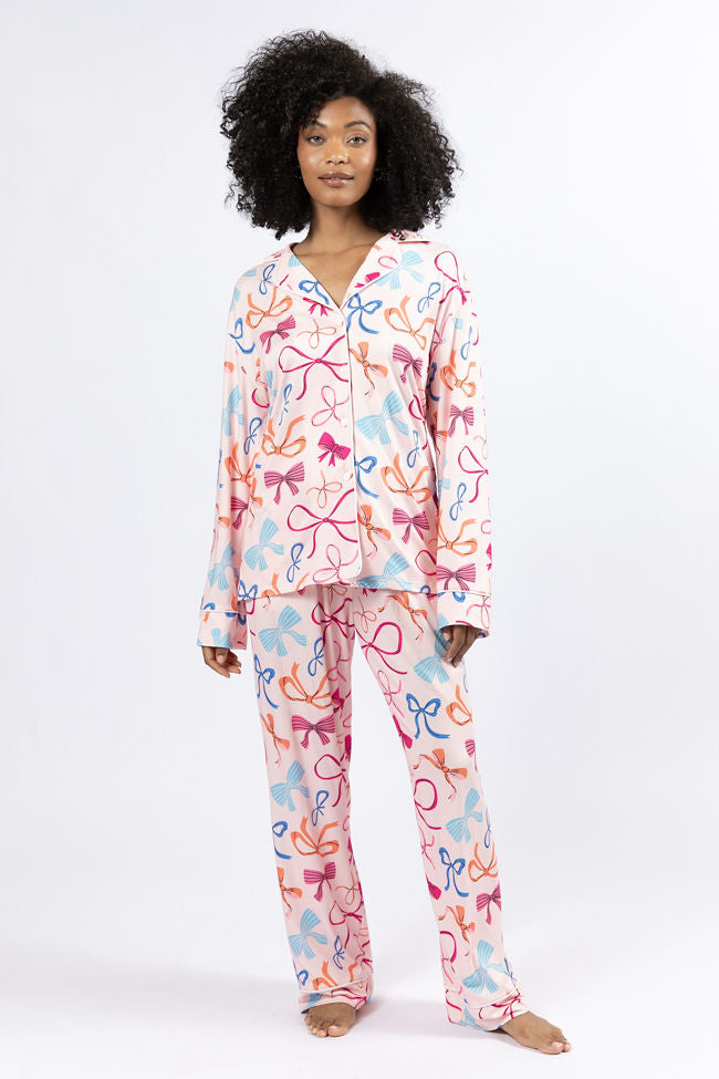 On A Cloud Multi Colored Bows Plush Knit Pajama Set DOORBUSTER- Coming Soon