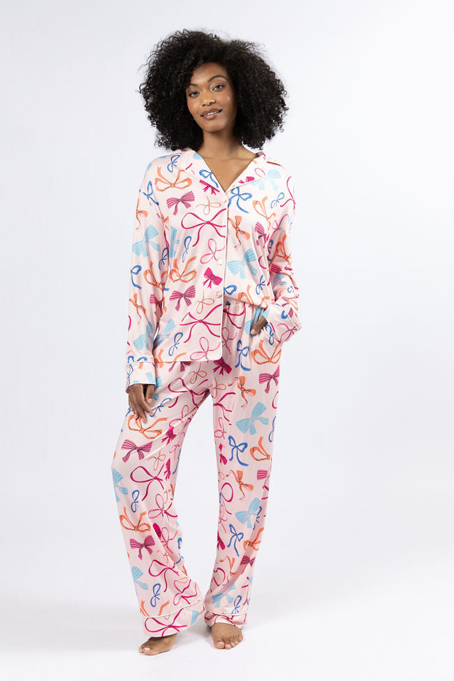 On A Cloud Multi Colored Bows Plush Knit Pajama Set DOORBUSTER- Coming Soon