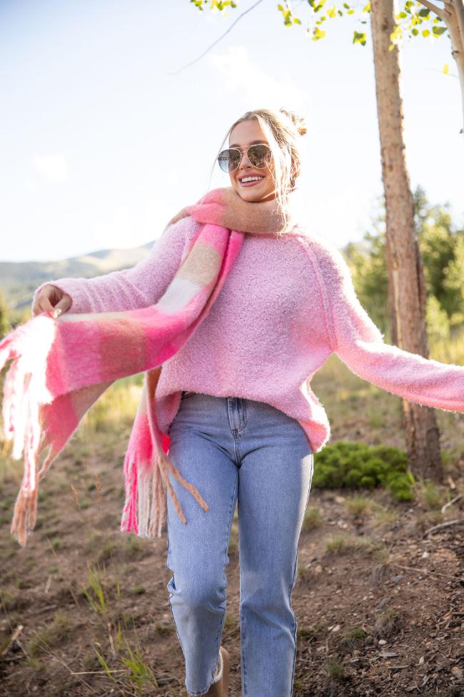 Dreamy Days Pink Fuzzy Crew Neck Sweater