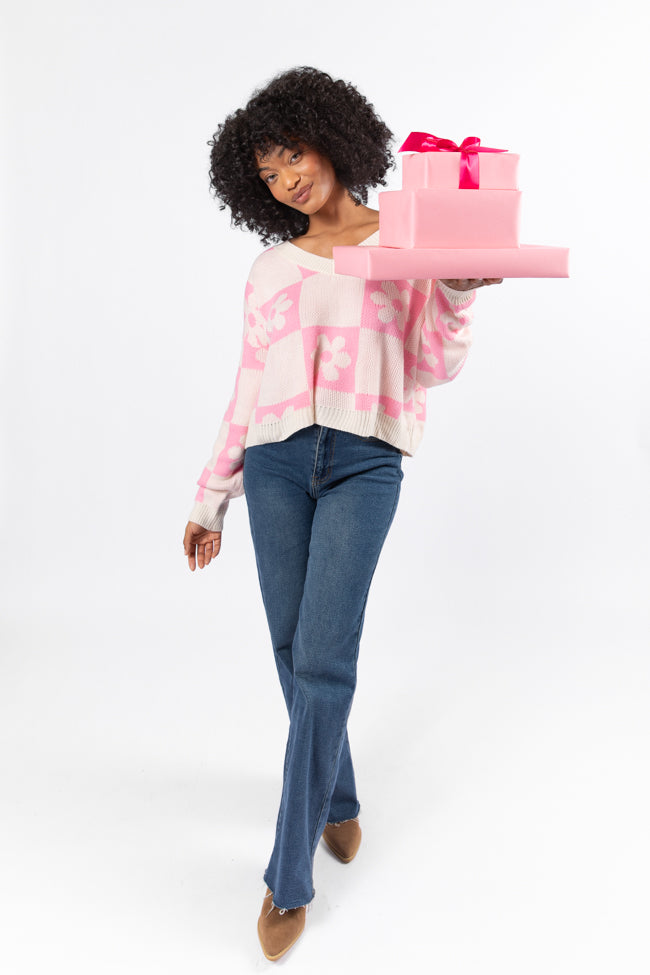 Found A New Way Pink V-Neck Checkered Flower Sweater