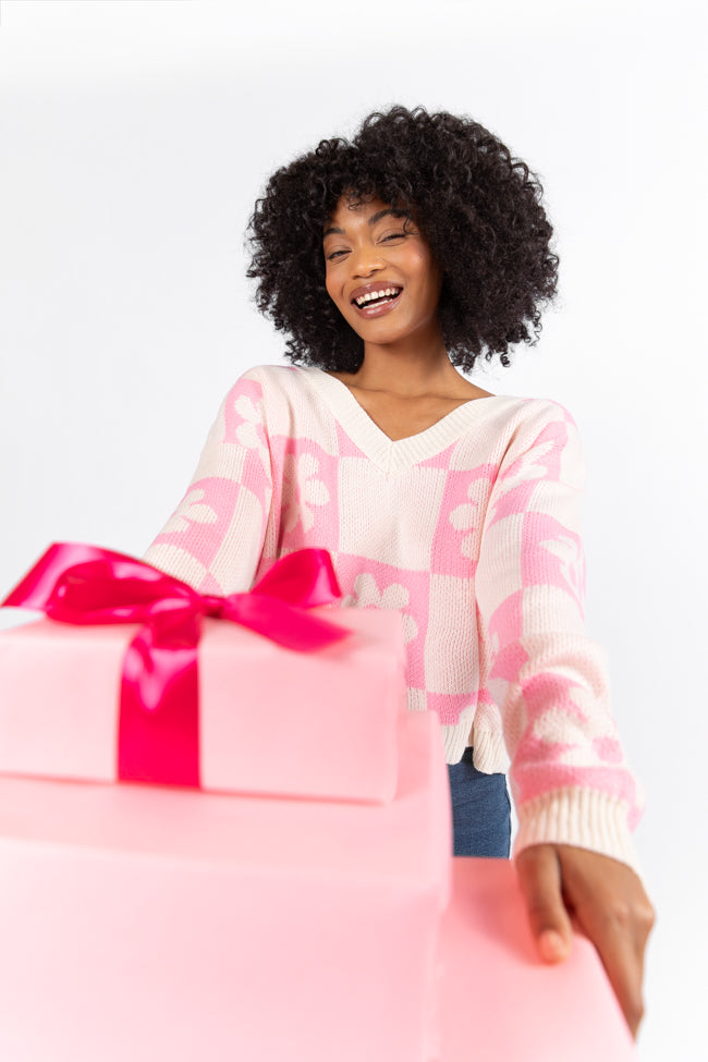 Found A New Way Pink V-Neck Checkered Flower Sweater