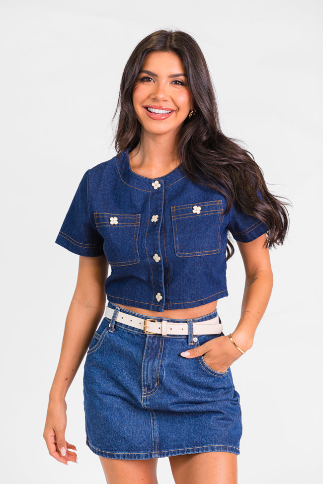 Little Details Dark Wash Denim Button Front Crop Blouse