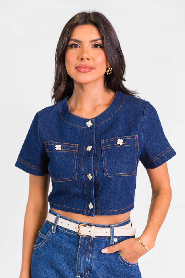 Little Details Dark Wash Denim Button Front Crop Blouse