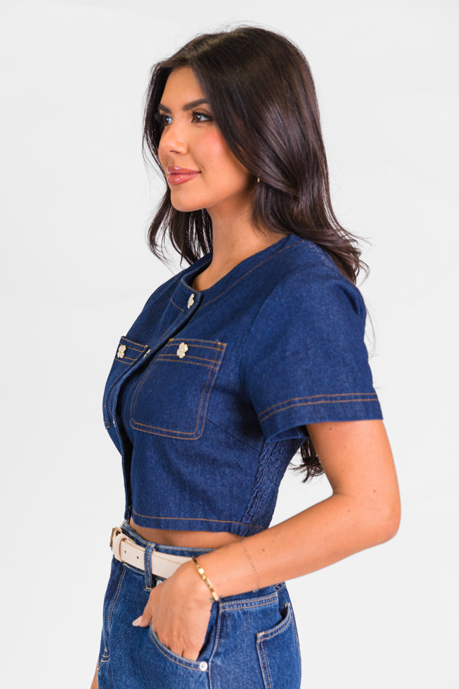 Little Details Dark Wash Denim Button Front Crop Blouse