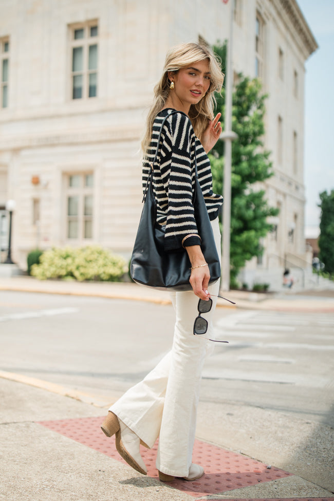 Take The Long Way Black and Ivory Lightweight Knit Striped Sweater