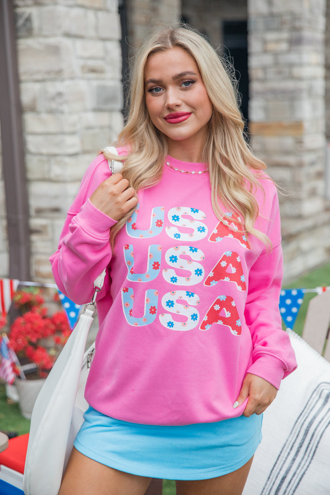 USA Floral Pink Oversized Graphic Sweatshirt