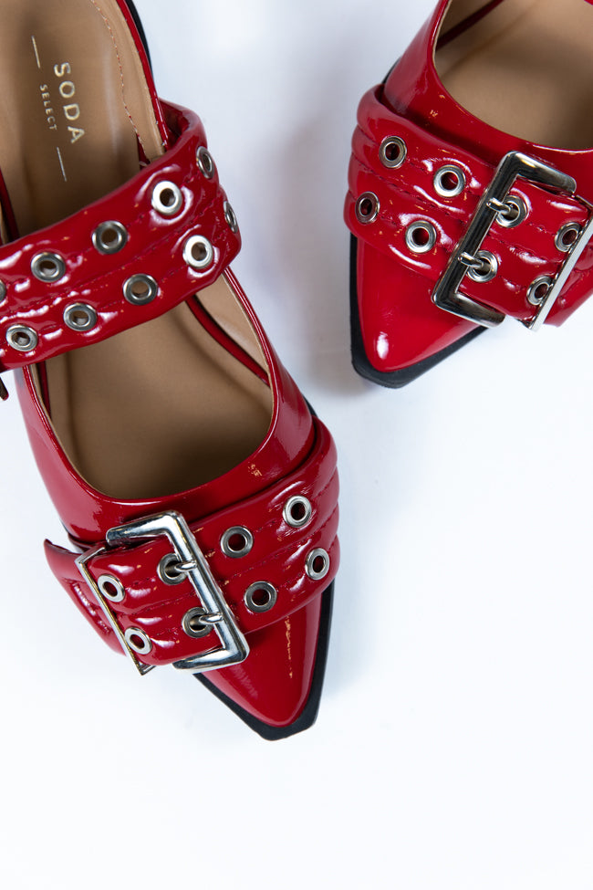 Addison Red Leather Buckle Slingback Flat