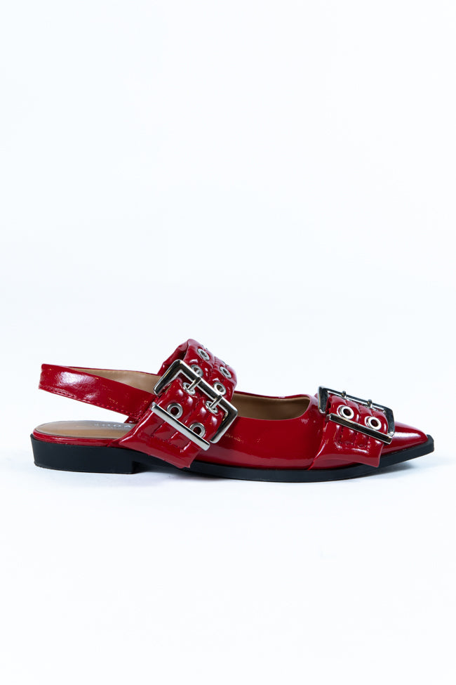 Addison Red Leather Buckle Slingback Flat