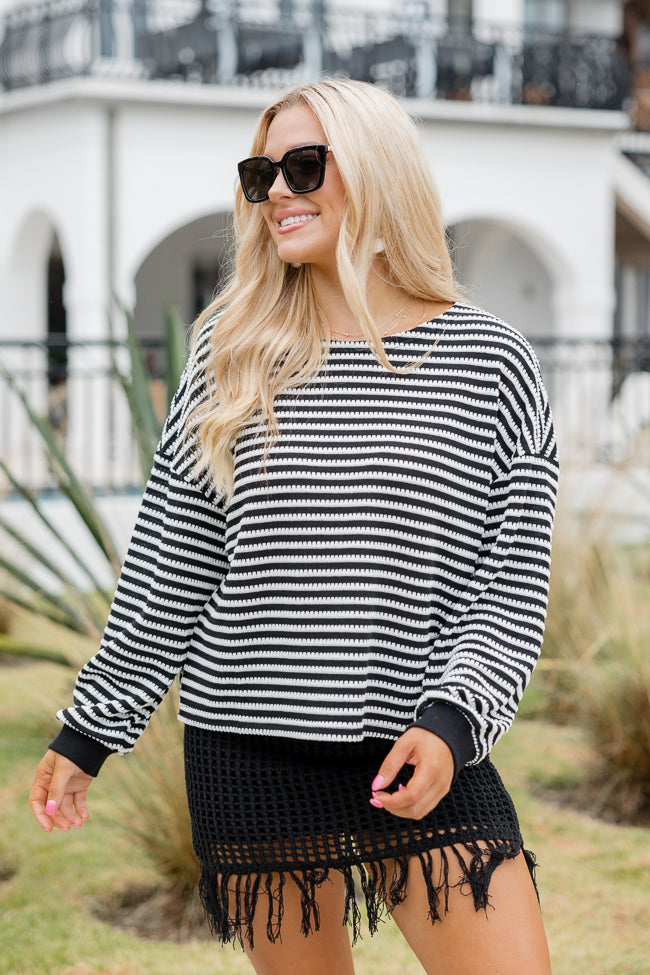 Caught My Eye Black And Ivory Striped Knit Pullover