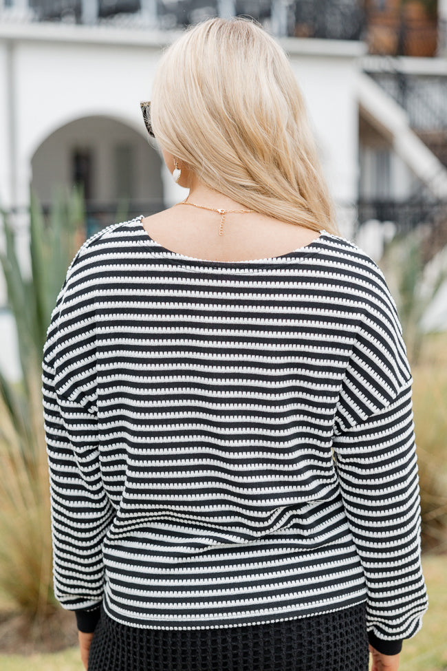 Caught My Eye Black And Ivory Striped Knit Pullover