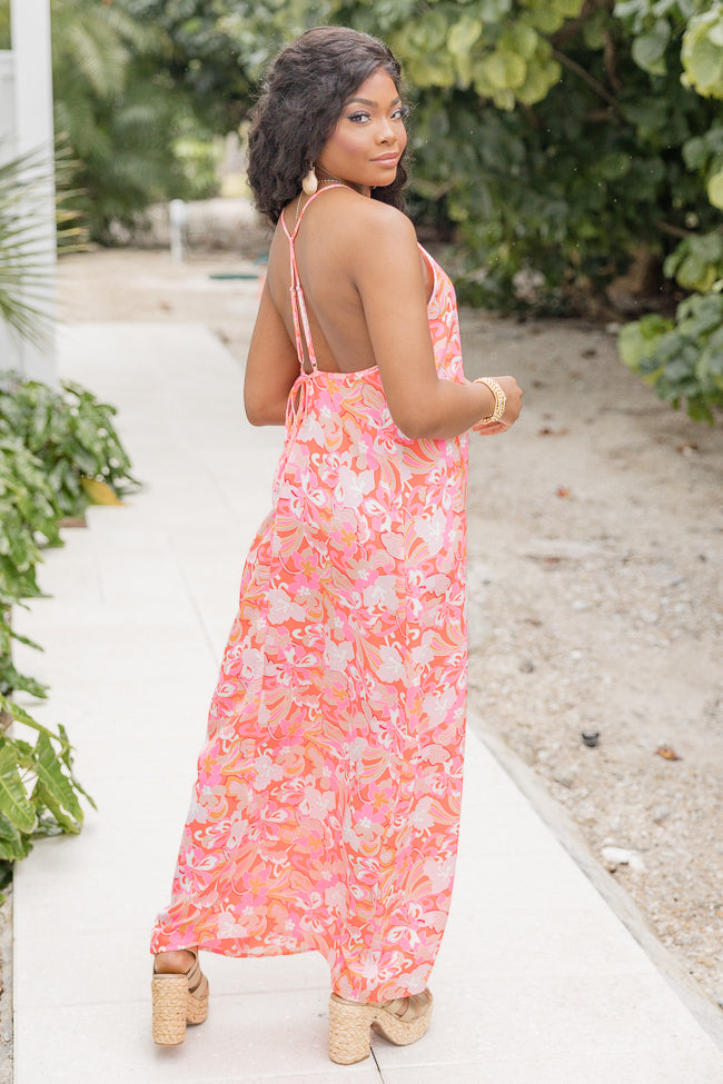 Paradise Palms Pink Satin V-Neck Maxi Dress