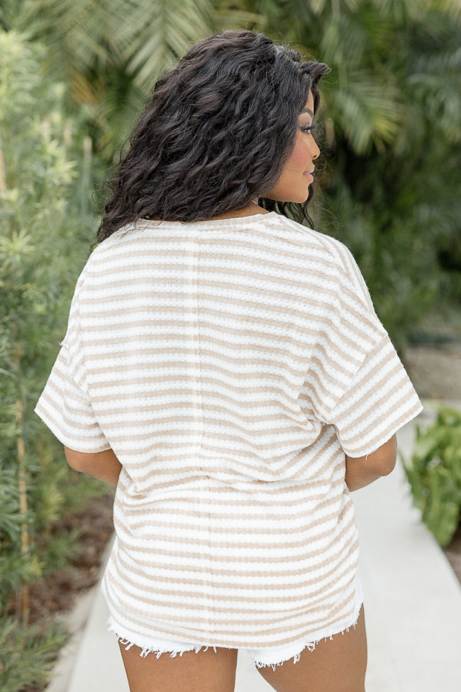 Well Known Beige And Cream Striped Pocketed Sweater