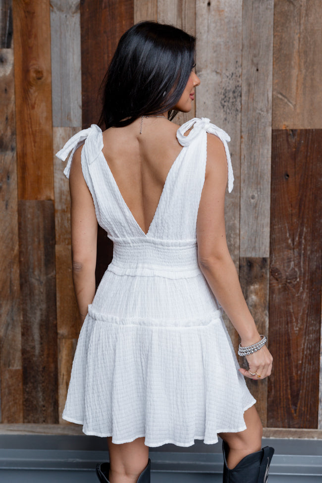 Secret Crush White Tie Shoulder V-Neck Dress