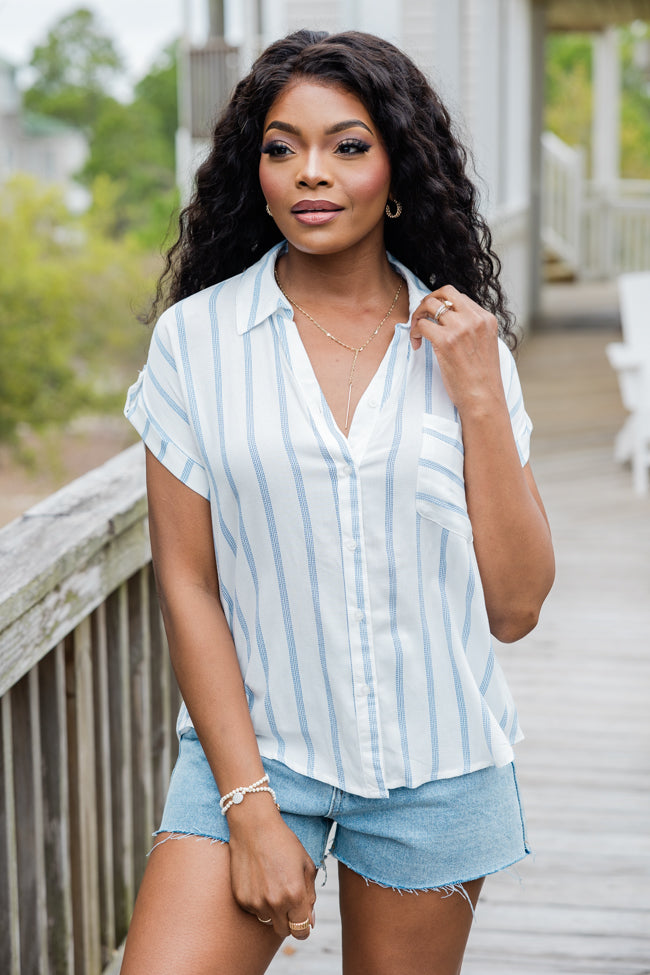 Catching Rays Ivory and Blue Striped Button Front Top