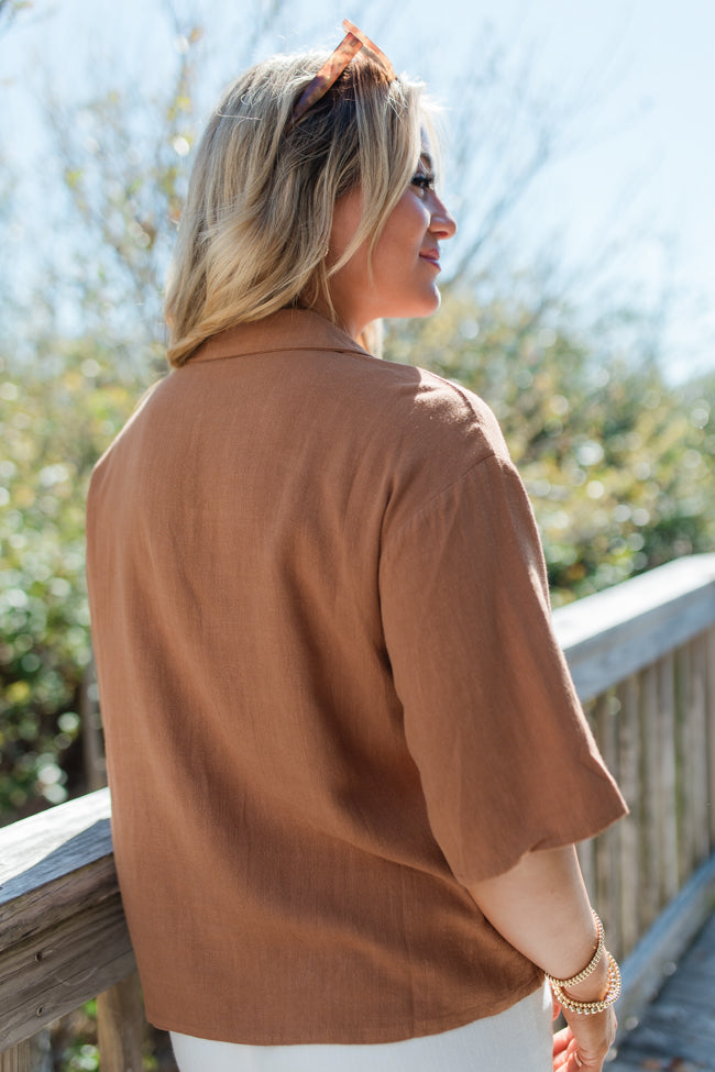 Taking A Risk Brown Pocketed Button Front Top