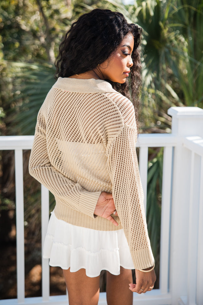 Knit Together Sand Collared Open Knit Sweater