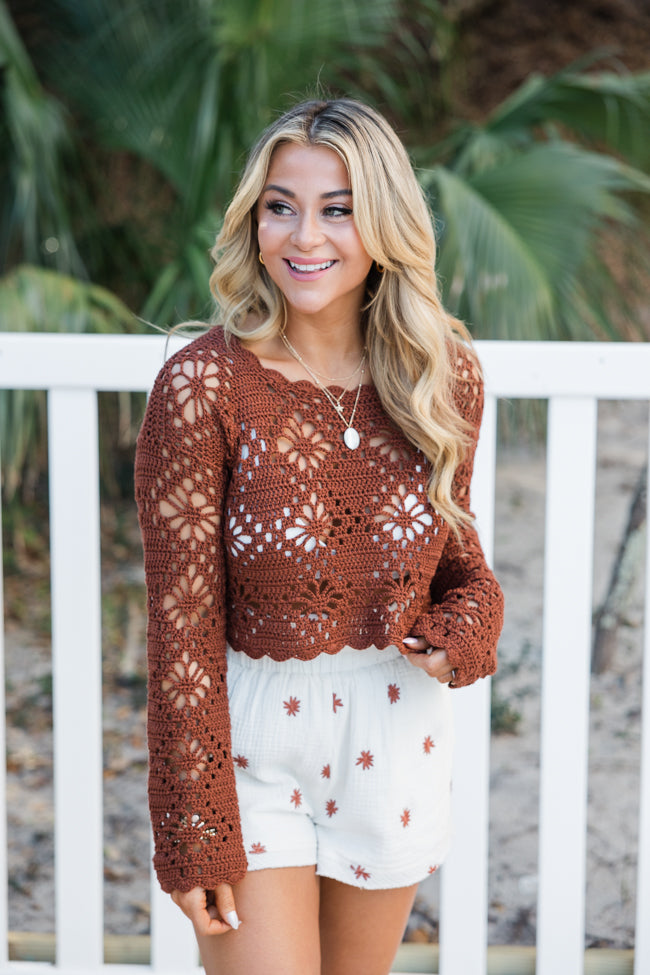 Pursuit Of Paradise Terracotta Cropped Crochet Sweater
