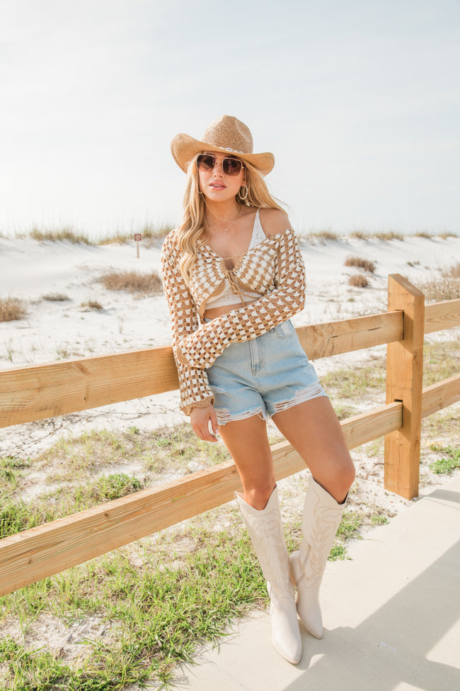 Tie That Binds Tan And Ivory Crochet Crop Long Sleeve Top