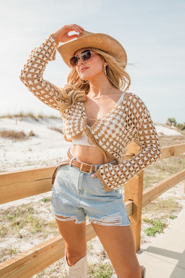 Tie That Binds Tan And Ivory Crochet Crop Long Sleeve Top