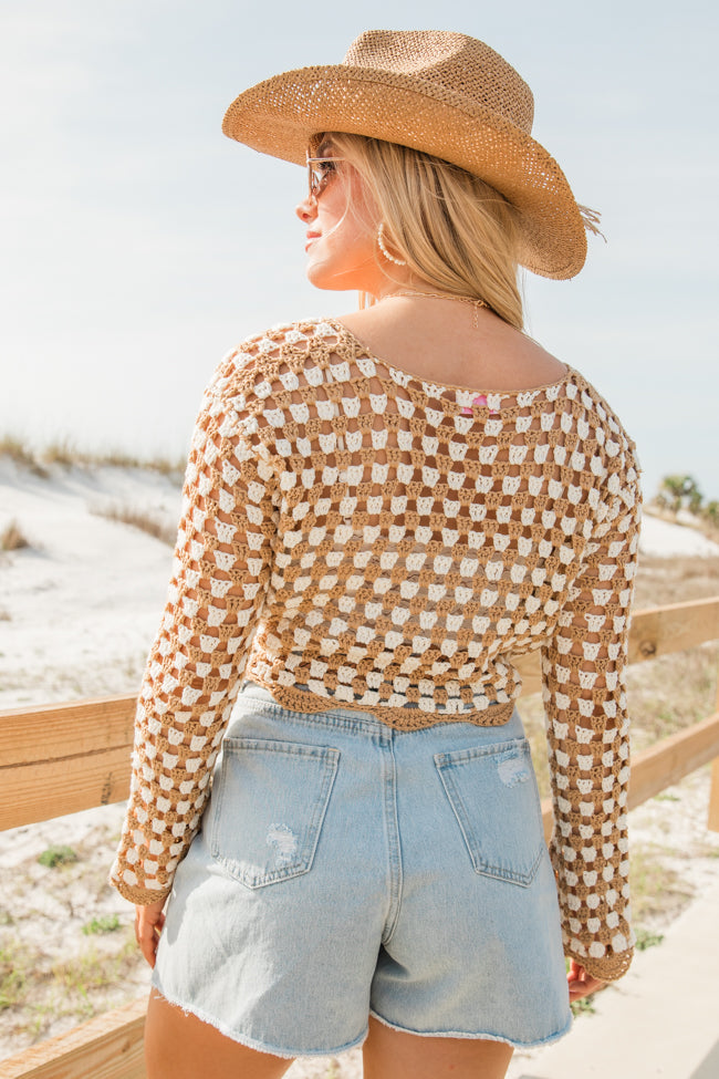 Tie That Binds Tan And Ivory Crochet Crop Long Sleeve Top