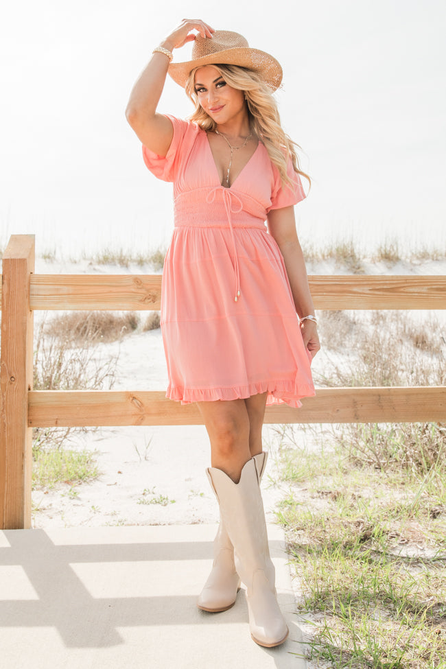 Urban Cowgirl Coral V-Neck Smocked Dress