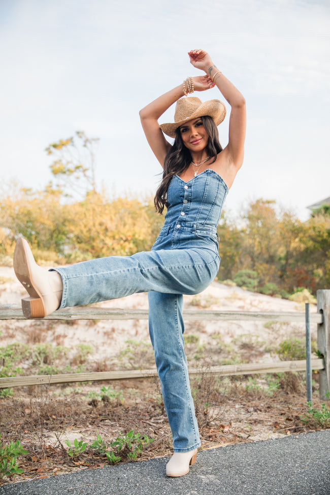 Country Roads Sweetheart Denim Jumpsuit