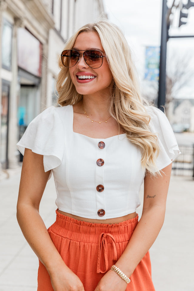 Out With Style Ivory Button Front Linen Crop Top