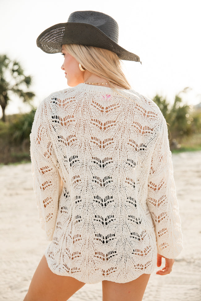 Saltwater Escape Cream Open Knit Scallop Detail Sweater